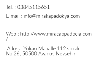 Mira Cappadocia Hotel iletiim bilgileri